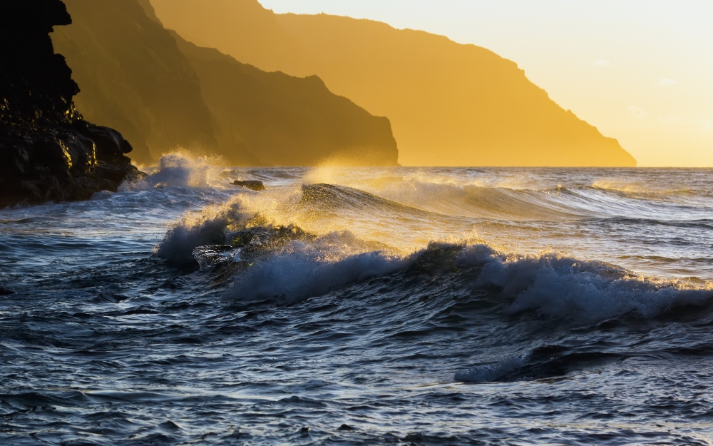 DPI12278706 Golden Surf Looking Down The Na Pali Coast - Wainiha Kauai Hawaii United States of America Poster Print - 19 x 12 in.