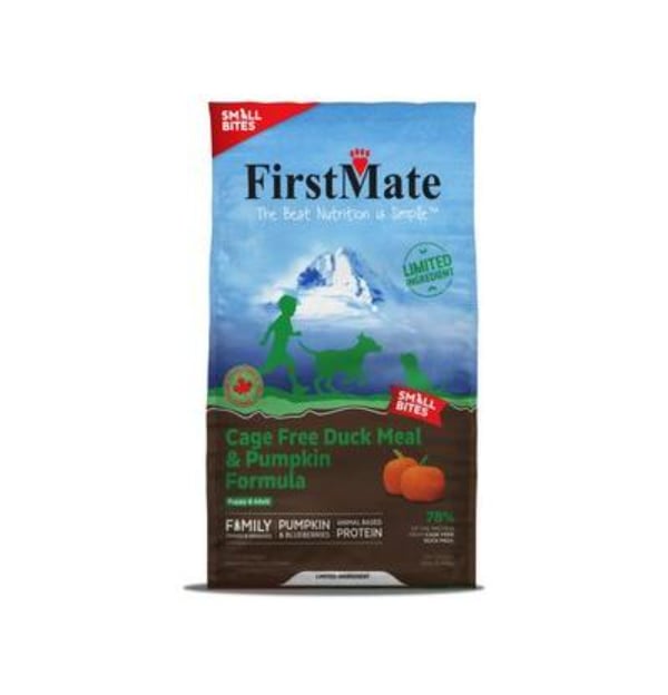 Picture of FirstMate 40310132 12 lbs Small Bites Cage Free Duck Meal & Pumpkin Formula Grain-Free Dry Dog Food