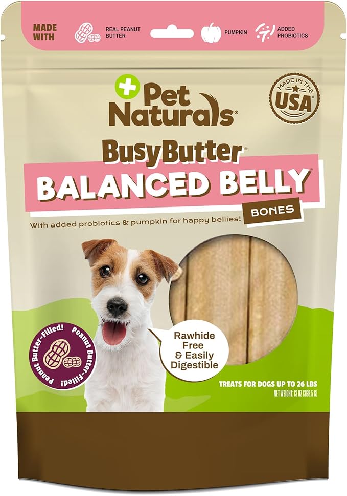 Picture of Pet Naturals of Vermont 75201881 Busy Balanced Belly Peanut Butter Bones Rawhide-Free Chews for Dogs - Small