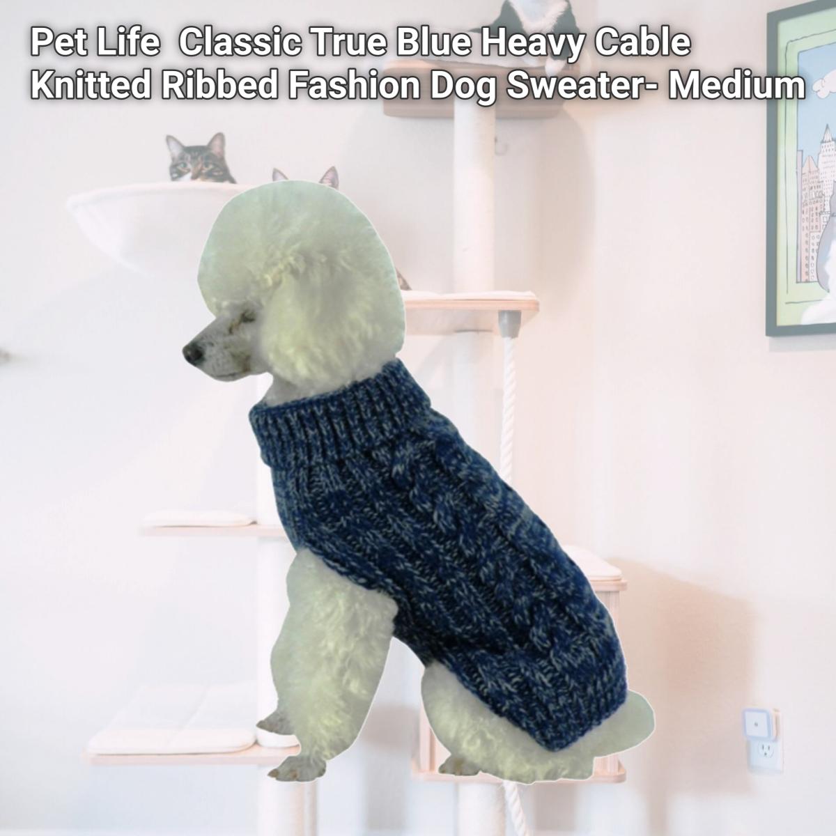 Picture of Pet Life SW17DBLMD Classic True Blue Heavy Cable Knitted Ribbed Fashion Dog Sweater- Medium