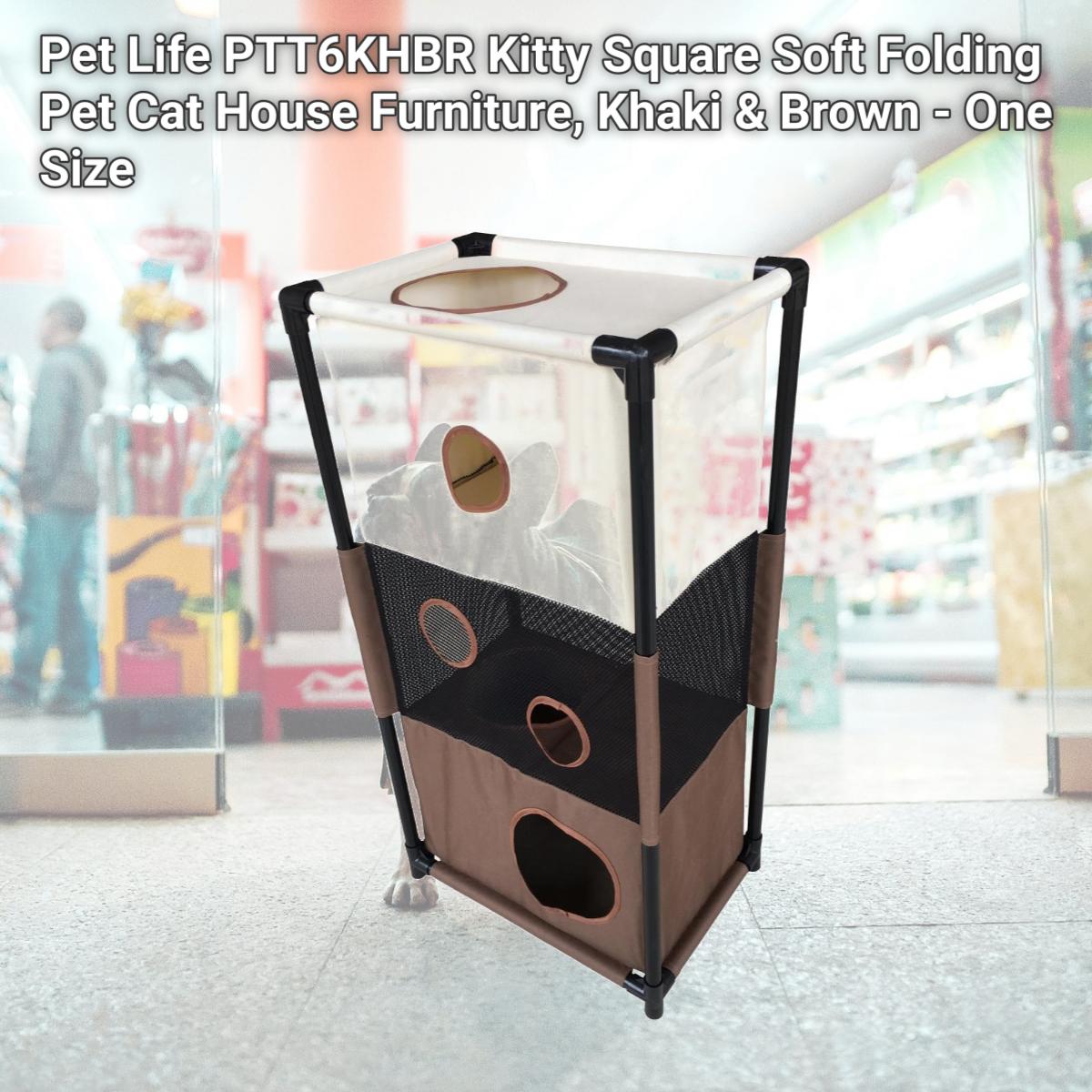 Picture of Pet Life PTT6KHBR Kitty Square Soft Folding Pet Cat House Furniture, Khaki & Brown - One Size