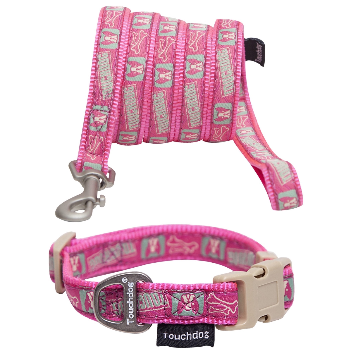 Picture of Touchdog CLSH1PKSM Caliber Designer Embroidered Fashion Pet Dog Leash & Collar Combination, Pink Pattern - Small