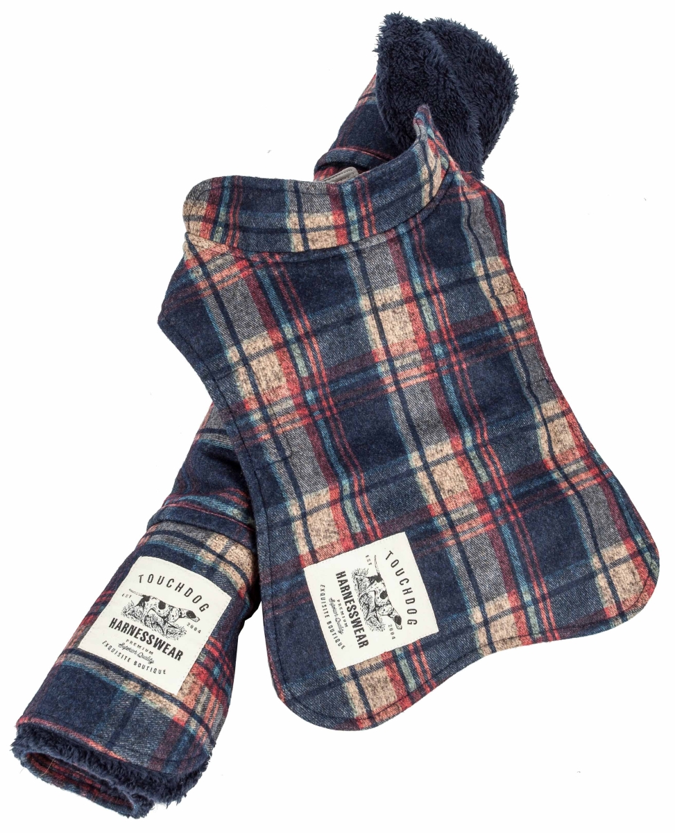 Picture of Touchdog JB1NVMD 2 Piece 2-in-1 Tartan Plaided Dog Jacket with Matching Reversible Dog Mat - Navy Plaid, Medium