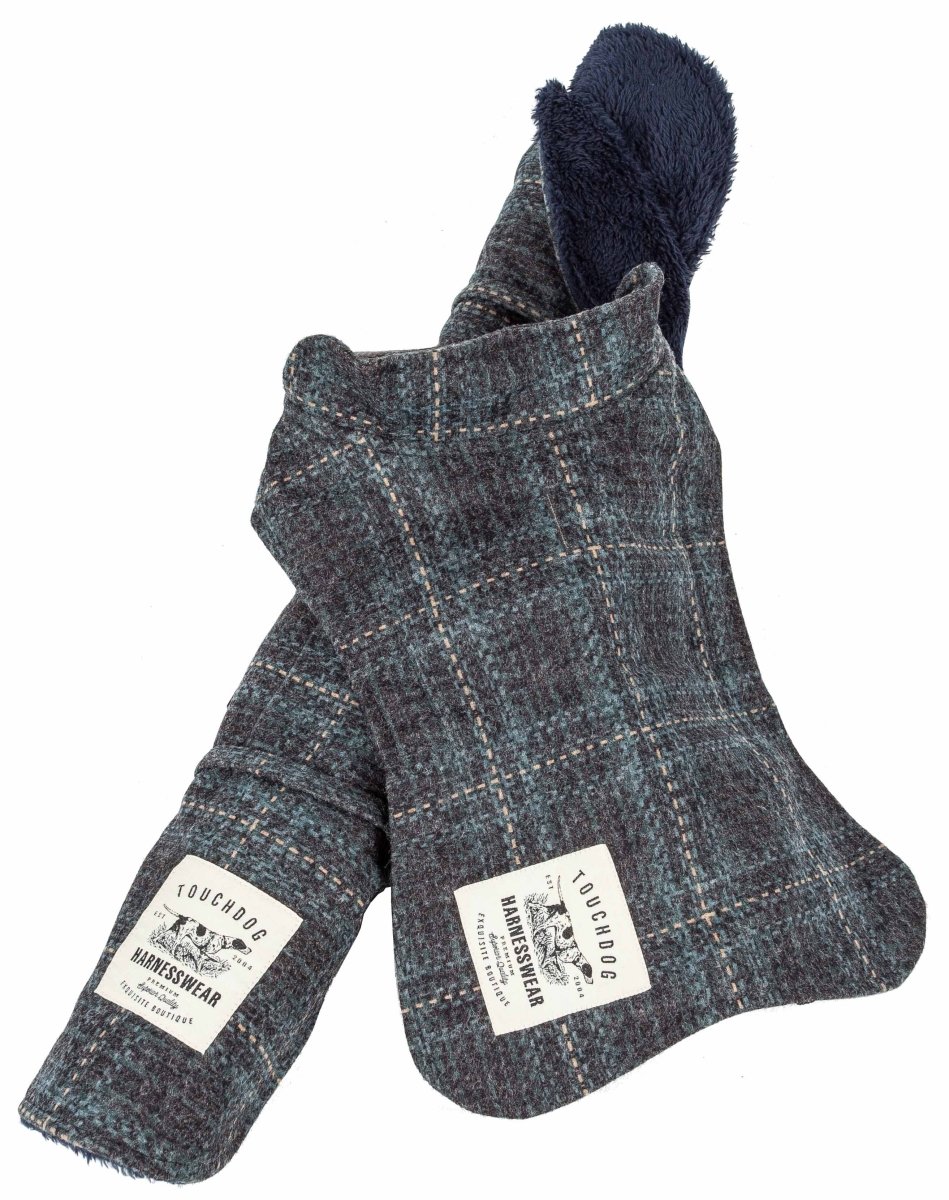 Picture of Touchdog JB2GYBSM 2 Piece 2-in-1 Windowpane Plaided Dog Jacket with Matching Reversible Dog Mat - Grey & Light Blue Plaid&#44; Small