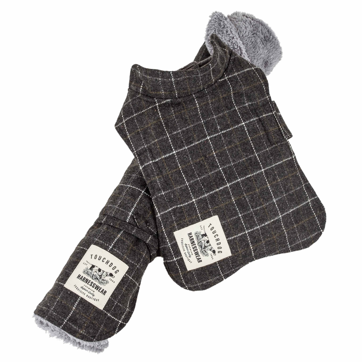 Picture of Touchdog JB4DGLG 2 Piece 2-in-1 Windowpane Plaided Dog Jacket with Matching Reversible Dog Mat - Dark Grey Plaid, Large