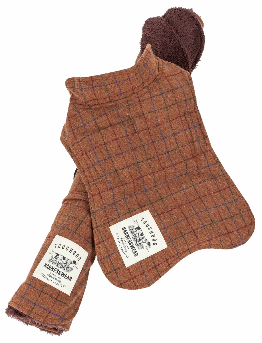 Picture of Touchdog JB4BRSM 2 Piece 2-in-1 Windowpane Plaided Dog Jacket with Matching Reversible Dog Mat - Brown Plaid, Small