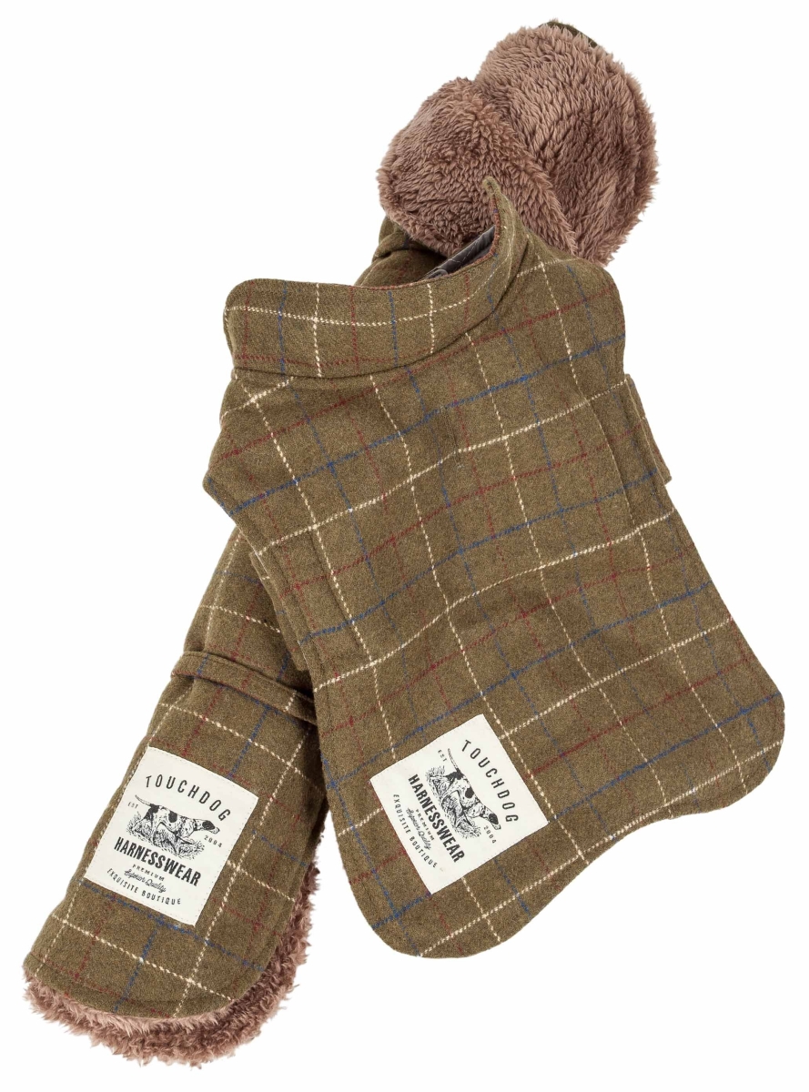 Picture of Touchdog JB4GNSM 2 Piece 2-in-1 Windowpane Plaided Dog Jacket with Matching Reversible Dog Mat - Olive Green Plaid, Small