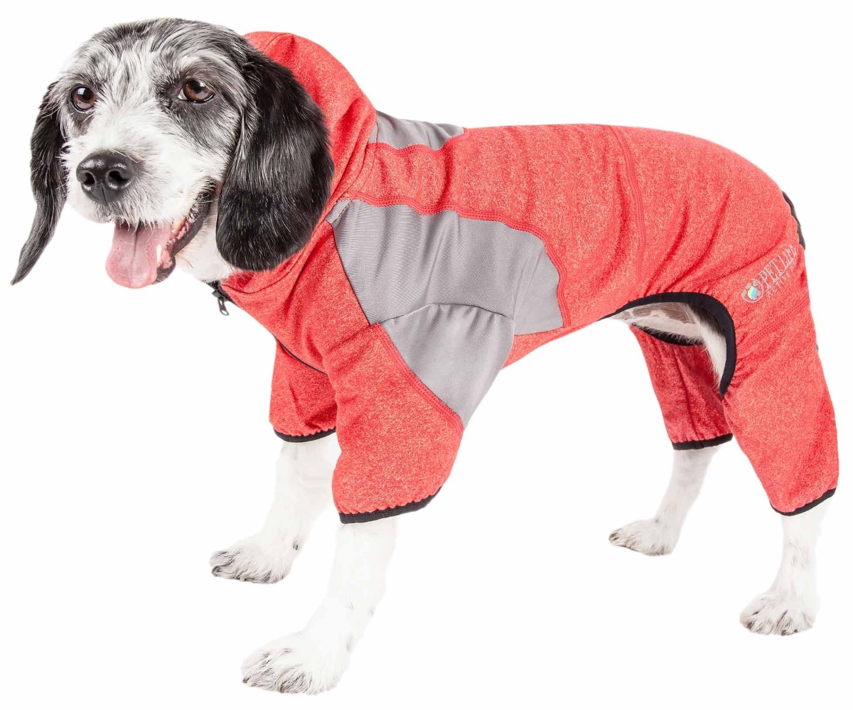 Picture of Pet Life YGHL5RDXS Active Fur-Breeze Heathered Performance 4-Way Stretch Two-Toned Full Bodied Hoodie - Fire Red & Light Grey&#44; Extra Small