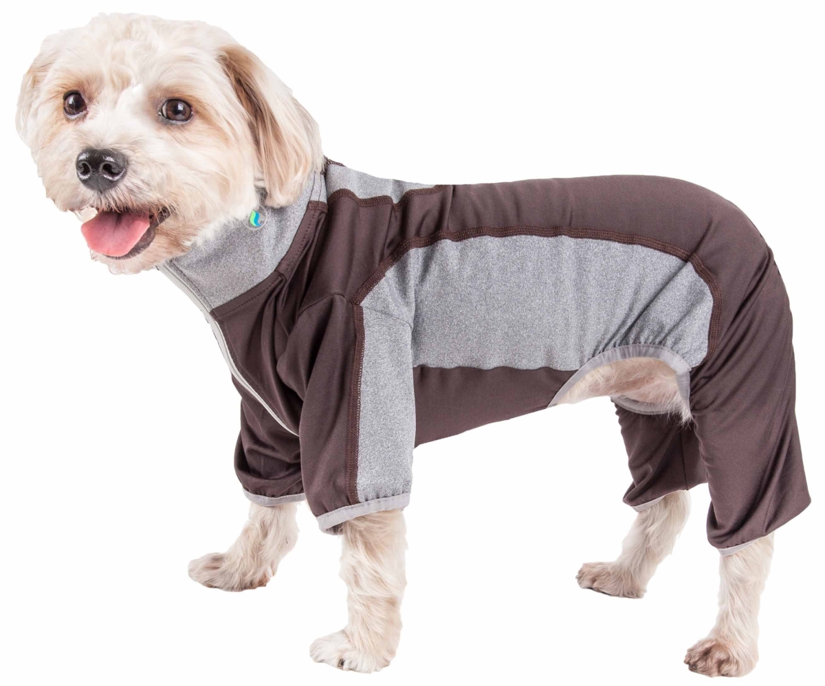 Picture of Pet Life YGHL3BKMD Active Warm-Pup Heathered Performance 4-Way Stretch Two-Toned Full Bodied Track Suit - Brown & Grey&#44; Medium