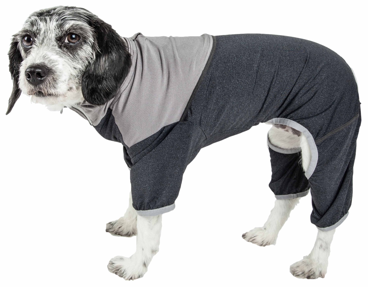 Picture of Pet Life YGHL4BKXL Active Embarker Heathered Performance 4-Way Stretch Two-Toned Full Bodied Warm Up Track Suit - Black & Grey&#44; Extra Large