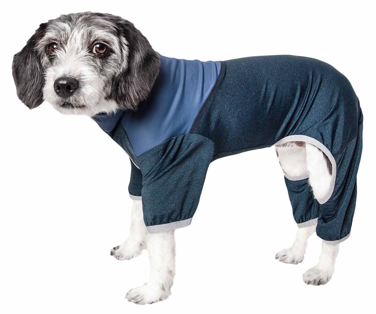 Picture of Pet Life YGHL4TLMD Active Embarker Heathered Performance 4-Way Stretch Two-Toned Full Bodied Warm Up Track Suit - Teal & Navy&#44; Medium
