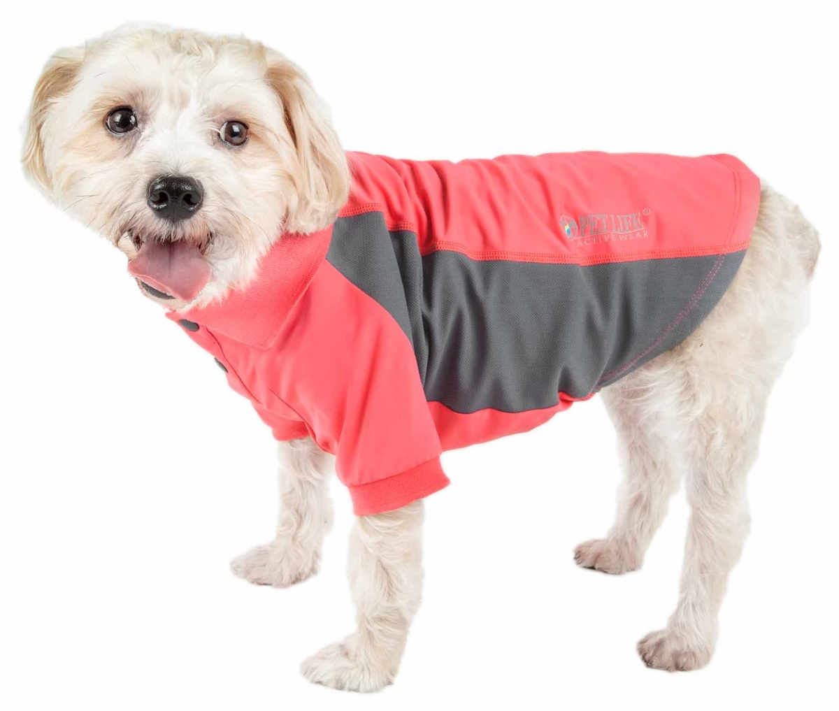 Pet Life PLHL1RDSM Active Barko Pawlo Relax-Stretch Wick-Proof Performance Dog Polo T-Shirt, Salmon Red & Dark Grey - Small
