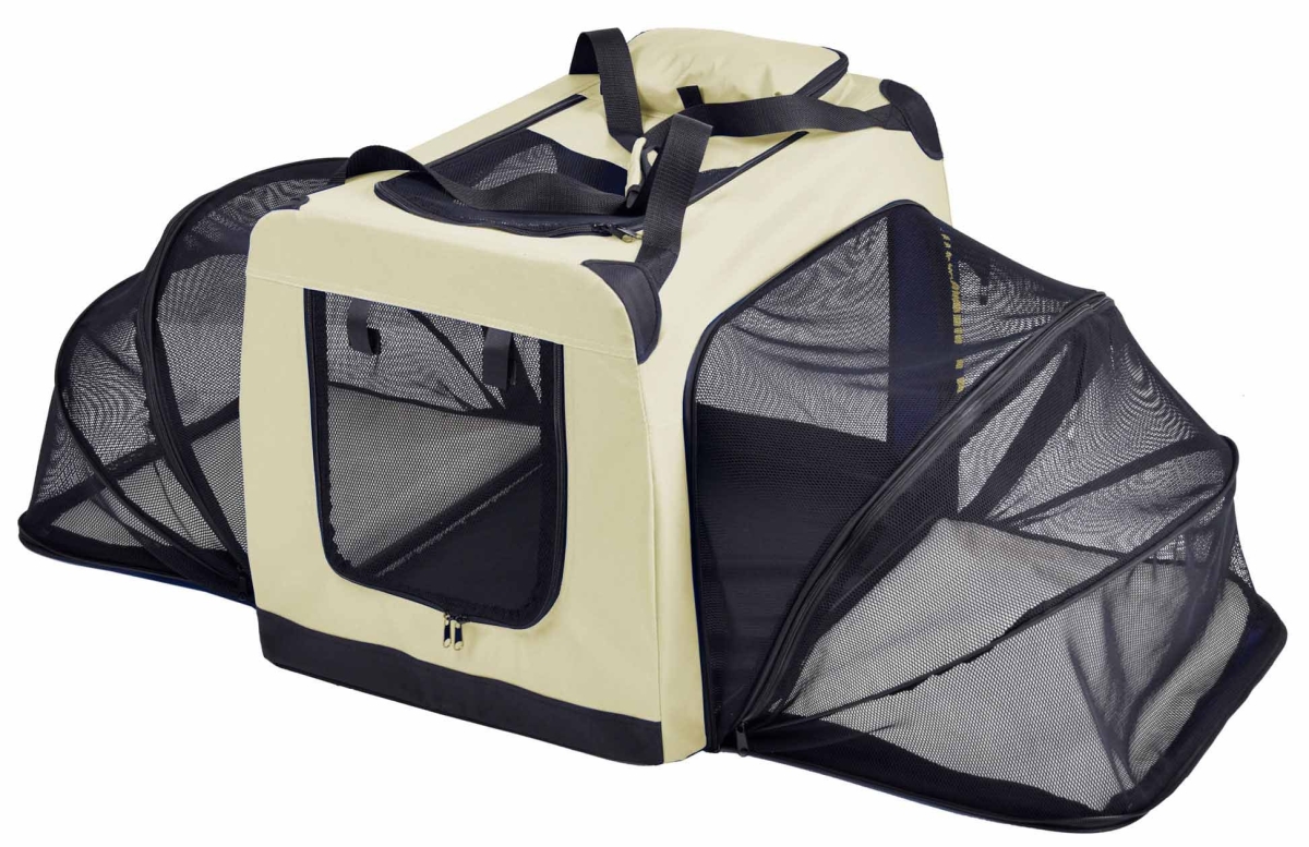Hounda Accordion Metal Framed Soft-Folding Collapsible Dual-Sided Expandable Pet Dog Crate, Khaki - Large