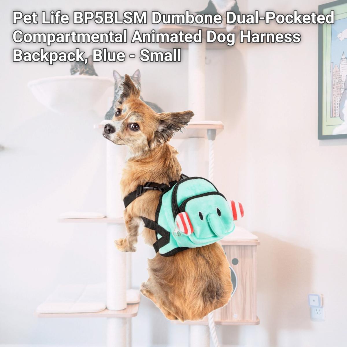 Picture of Pet Life BP5BLSM Dumbone Dual-Pocketed Compartmental Animated Dog Harness Backpack, Blue - Small