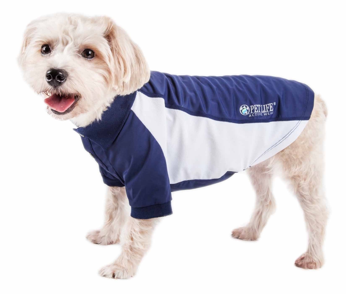 Pet Life PLHL1NVMD Active Barko Pawlo Relax-Stretch Wick-Proof Performance Dog Polo T-Shirt, Navy & White - Medium