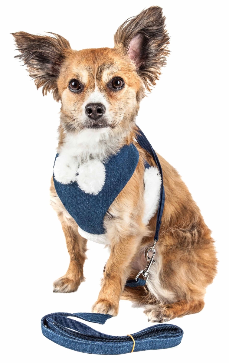 Picture of Pet Life HA26BLSM Luxe Pom Draper 2-in-1 Mesh Reversed Adjustable Dog Harness-Leash with Pom-Pom Bowtie&#44; Navy Blue - Small