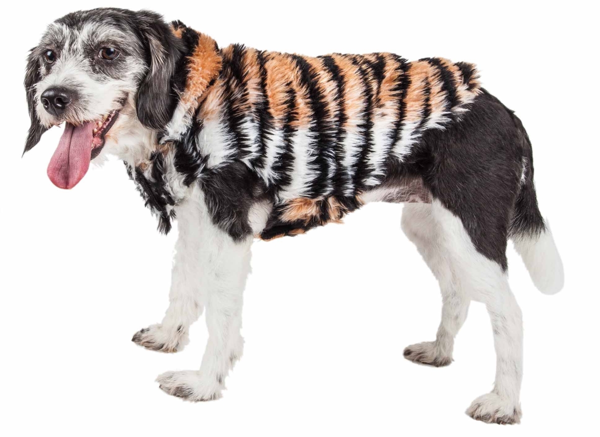 Picture of Pet Life 43TGMD Luxe Tigerbone Glamourous Tiger Patterned Mink Fur Dog Coat Jacket&#44; Golden Brown&#44; Black & White - Medium