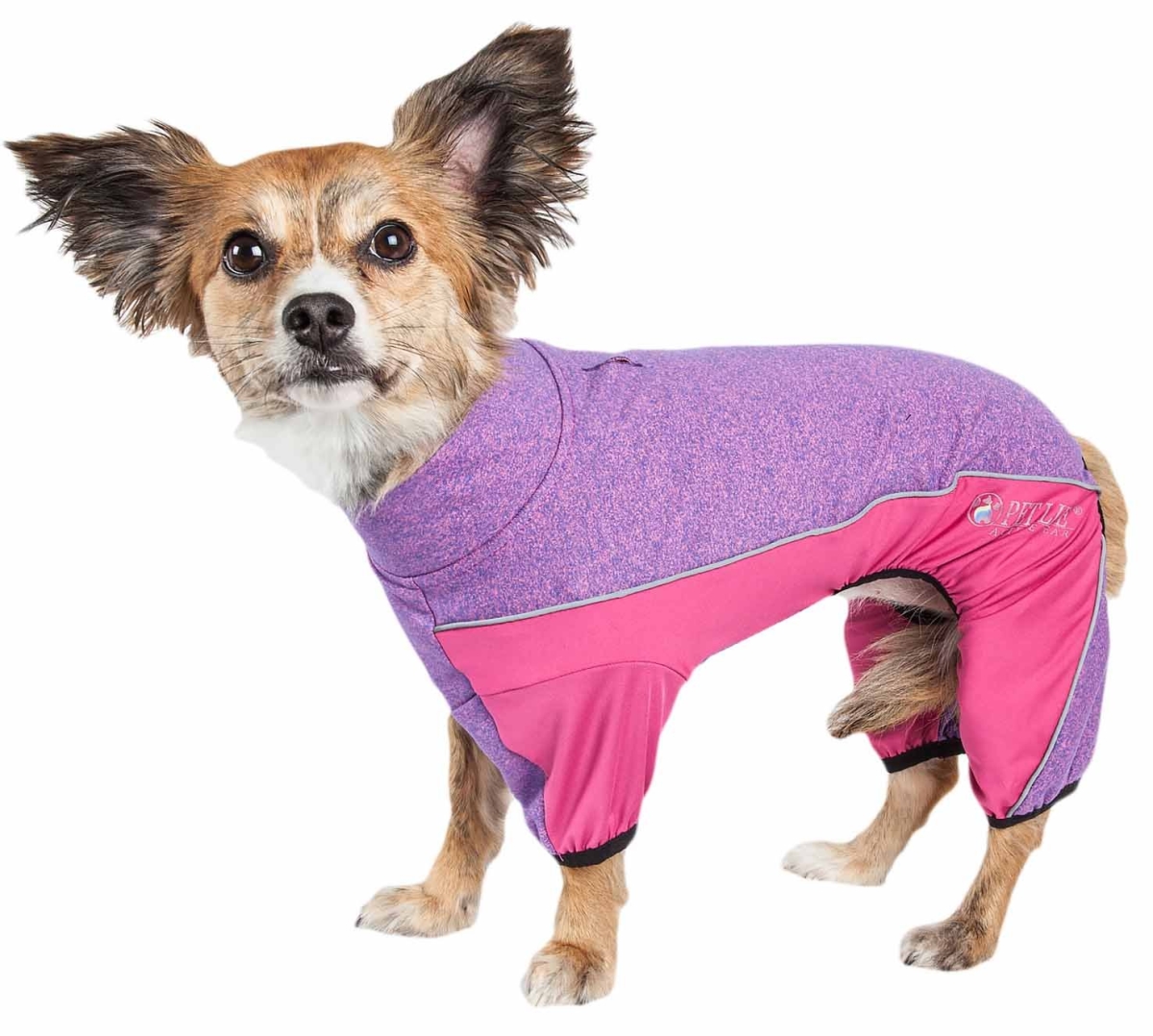Picture of Pet Life YGHL6PKXS Active Chase Pacer Heathered Performance 4-Way Stretch Two-Toned Full Body Warm Up&#44; Pink & Purple - Extra Small