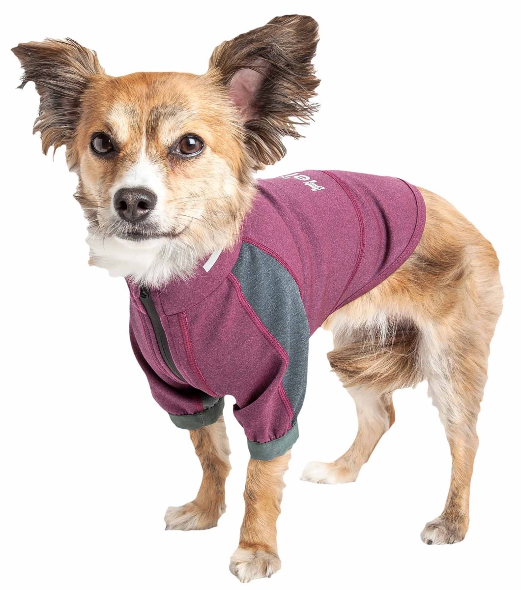 Picture of Dog Helios TSHL6PKXS Eboneflow Mediumweight 4-Way-Stretch Flexible & Breathable Performance Dog Yoga T-Shirt&#44; Dark Pink & Grey - Extra Small