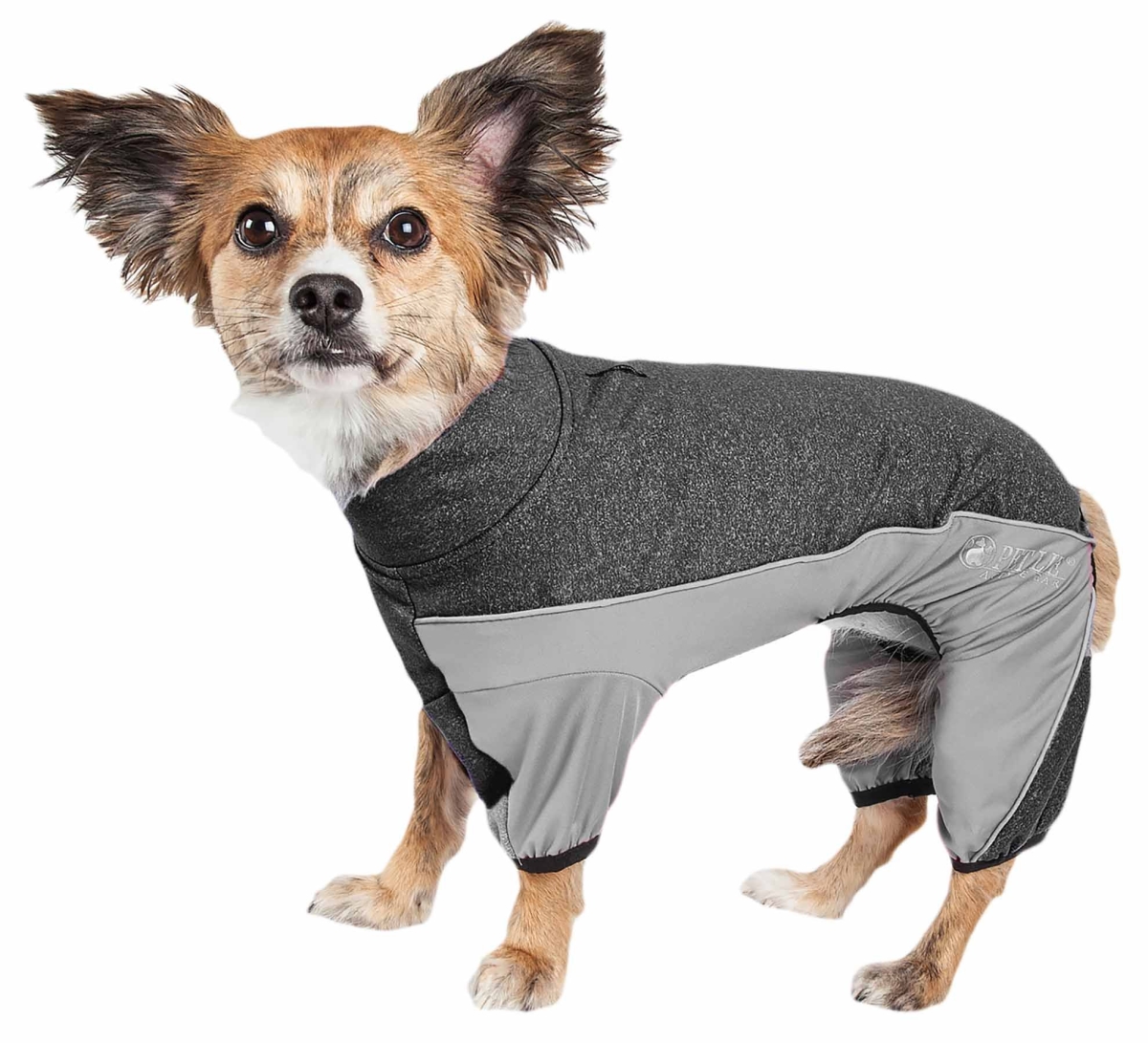 Picture of Pet Life YGHL6BKXS Active Chase Pacer Heathered Performance 4-Way Stretch Two-Toned Full Body Warm Up&#44; Charcoal Grey & Black - Extra Small