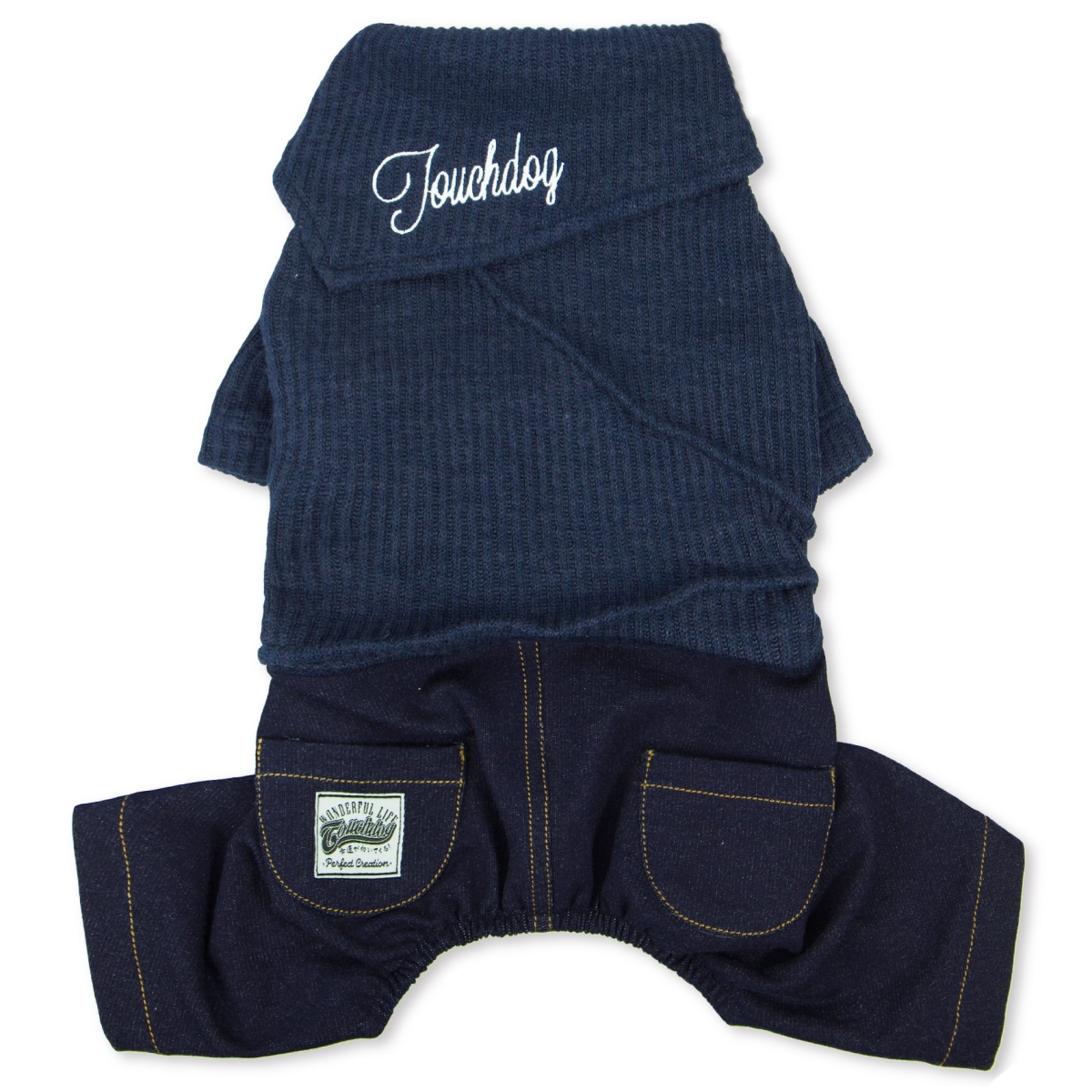 Picture of Touchdog SW22NVXL Vogue Neck-Wrap Sweater & Denim Pant Outfit - Navy - Extra-Large