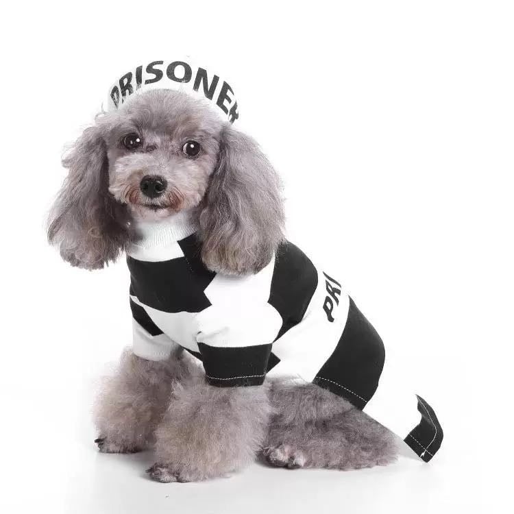 Striped Retro Inmate Prisoner Pet Dog Costume Uniform, Black & White - Medium