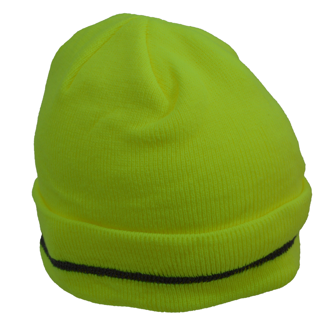 Safety Beanie Hat Lime with Reflective Woven Stripe 100 Percent Acrylic Double Layer Knit, One Size
