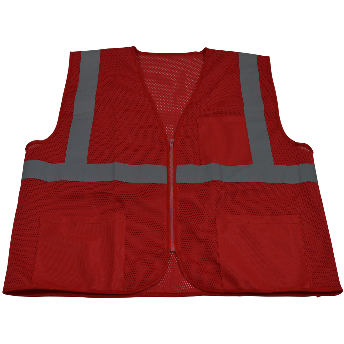 RVM-S1-L-XL 2 in. Red Mesh Vest Reflective Tape 3 Pockets Zipper Front, Large & Extra Large