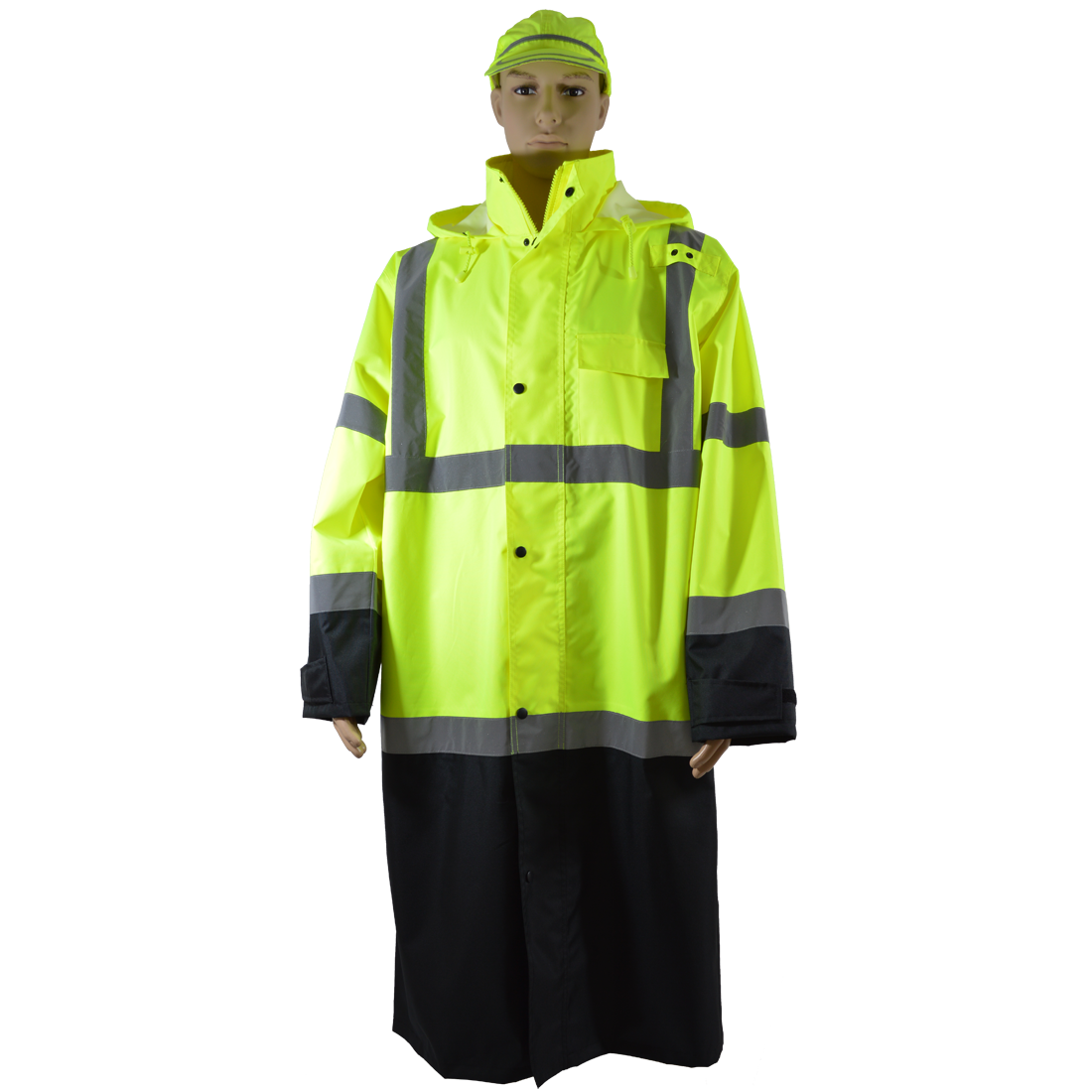 48 in. Lime & Black Bottom Two Tone Waterproof Rain Coat, Ansi Class 3, Roll Away Hood, Small