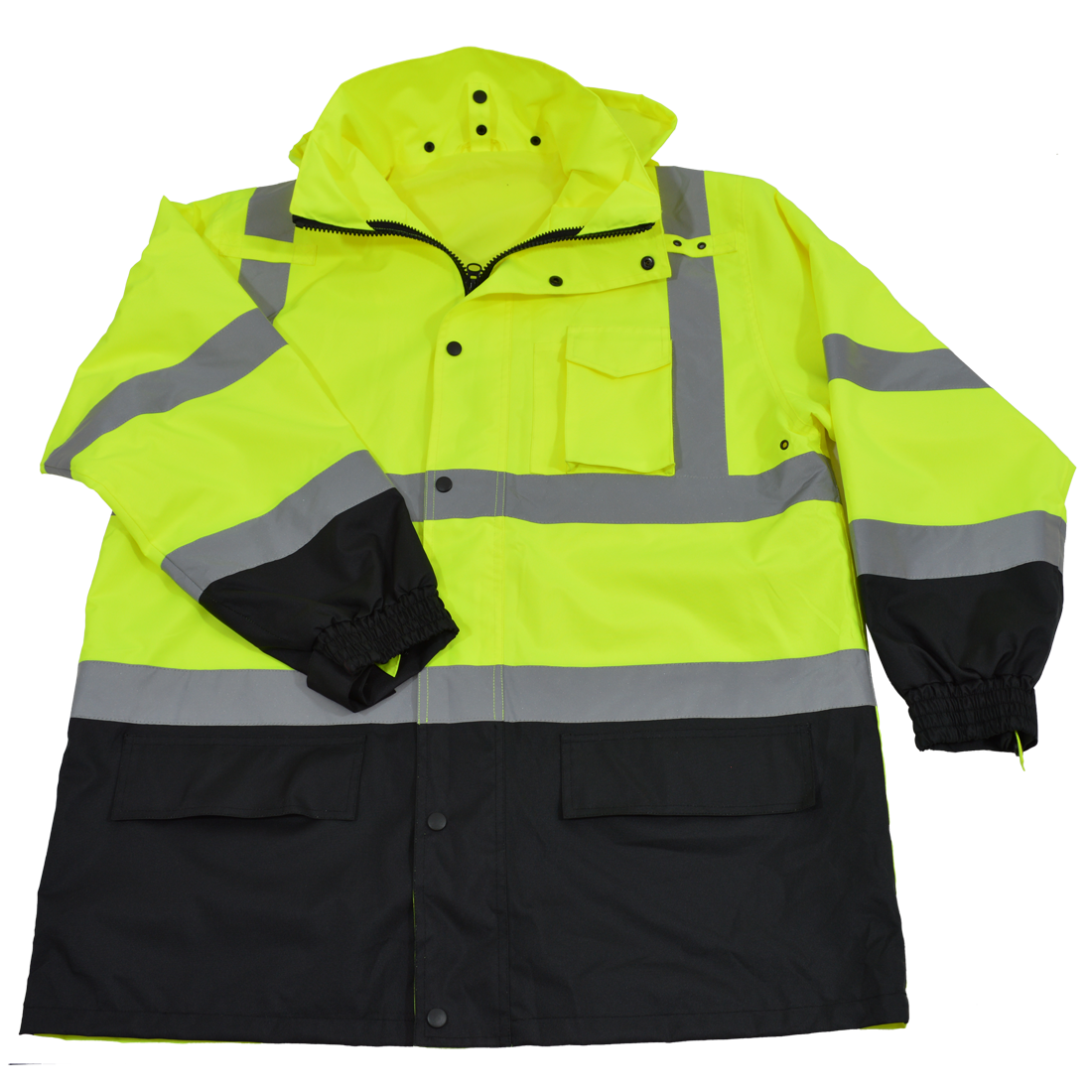 Lime & Black Two Tone ANSI Class 3 Rain Parka Jacket with Taffeta Lining & Removable Roll Away Hood - 2X