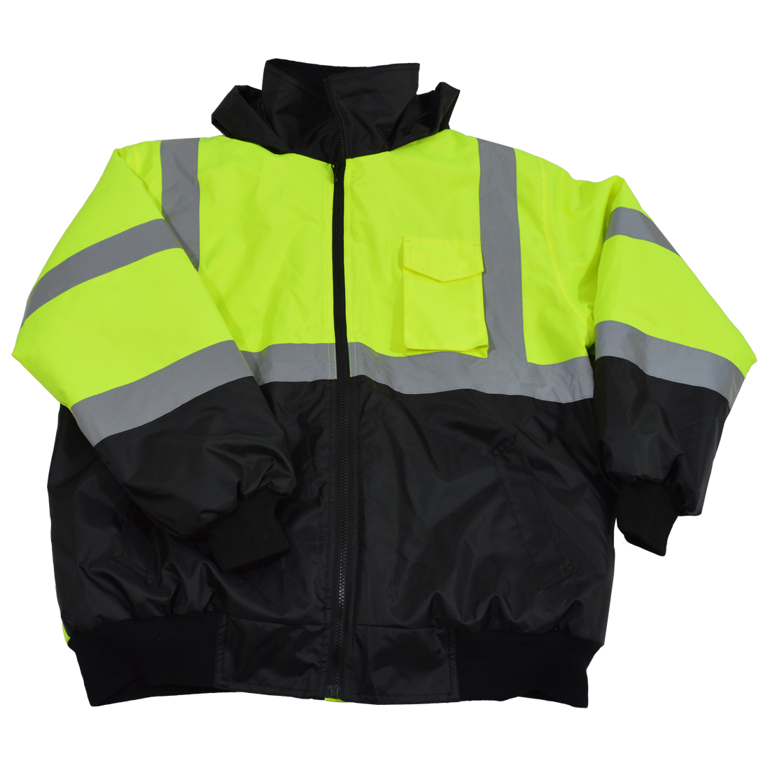 Lime & Black Waterproof Bomber Jacket Ansi Class 3 Quilted Liner Rollaway Hood 2 Slash Pocket 1 Cell Pocket, Extra Large