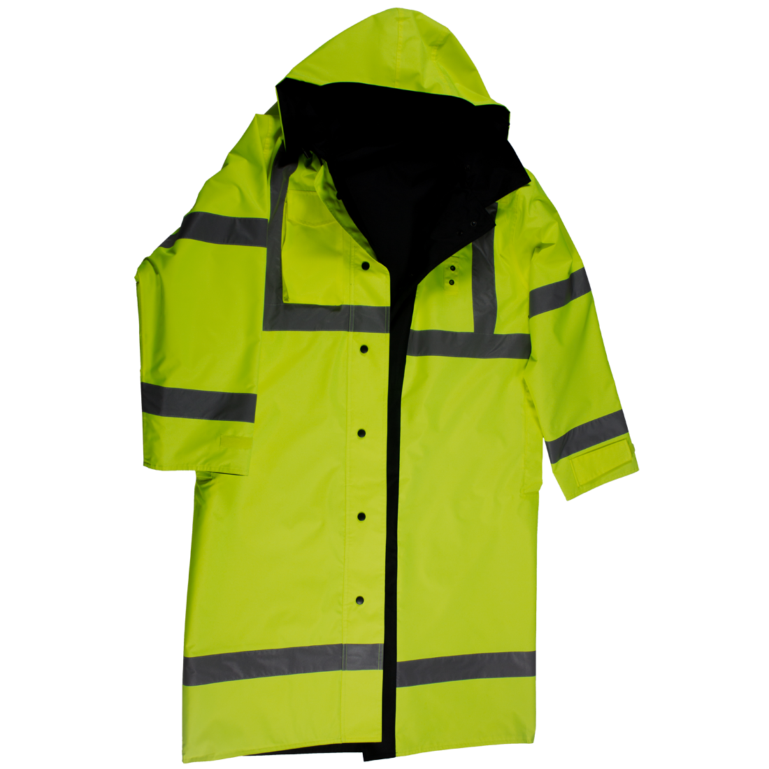 48 in. Rain Coat Waterproof Reversible Ansi Class 3 with Detachable Hood & Side Slits, Lime & Black - Extra Large
