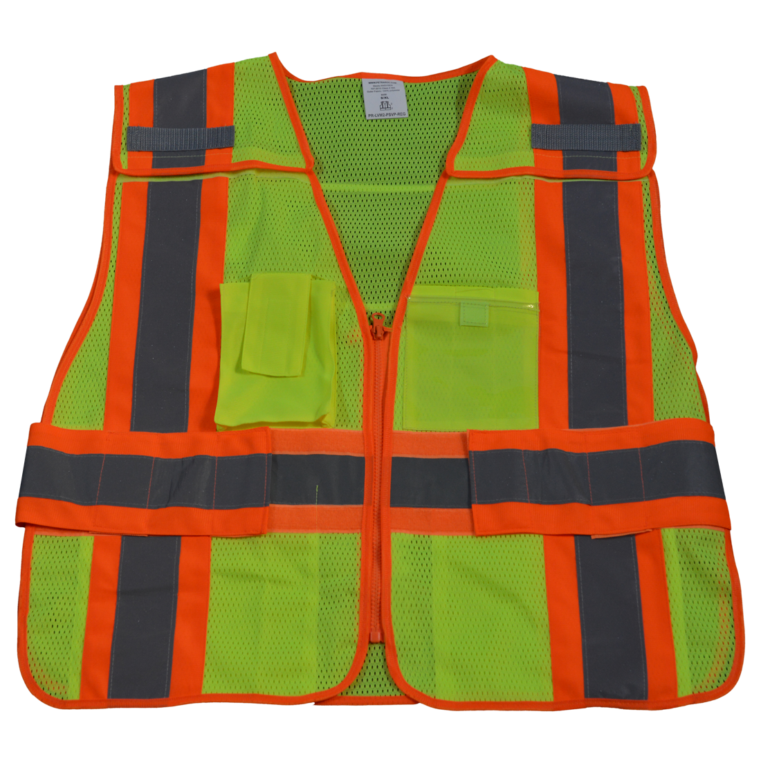Public Safety Vest 207-2006 Lime Mesh with Orange Binding 5-Point & 5 Pockets Clear Pvc Pocket On Back, Super 6X & 8X