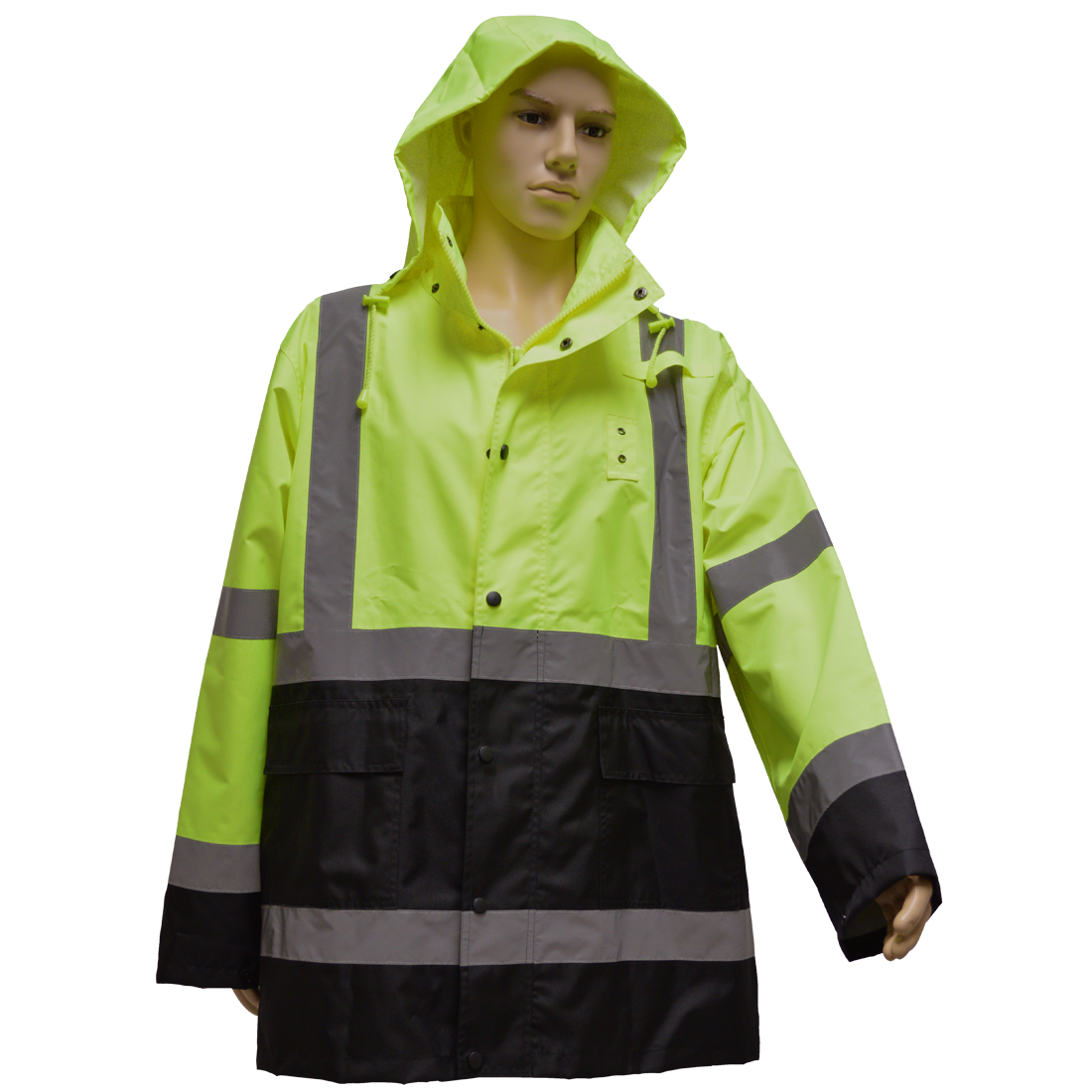 Rain Parka Jacket ANSI-ISEA Class 3 Waterproof, Two Tone Lime & Black with Detachable Hood Storm Flap & Zipper & Snap Closure No Lining, 3X