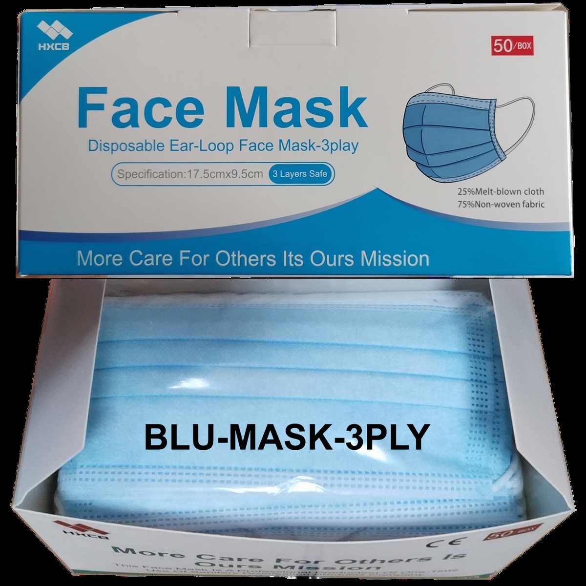 BLU-MASK-3PLY Non-Medical Use Disposable Ear-Loop 3 Ply Face Mask - Blue, One Size
