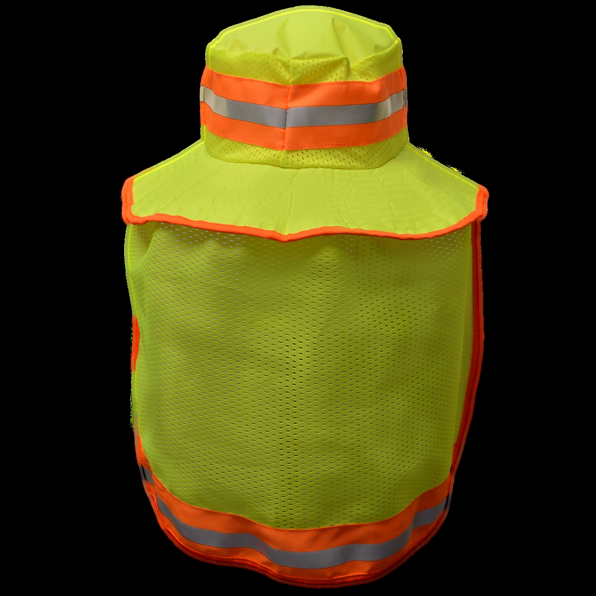 LRH-FBNS High Vis Ranger Style Full Brimmed Hat with Neck Sun Shade, Lime with Orange Contrast & 1 in. Silver Reflective Tape, One Size
