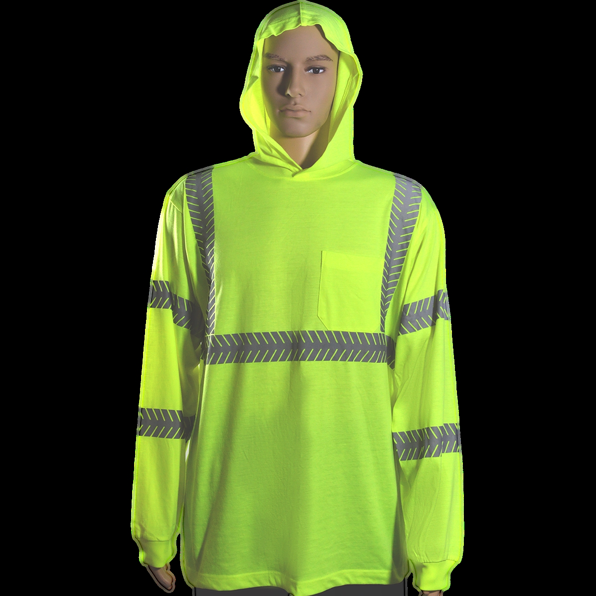 LJHTSL3-XL Lime Jersey Knit Hooded T-Shirt - Long Sleeve, Ansi Type R Class 3, Segmented Silver Reflective Tape - Extra Large