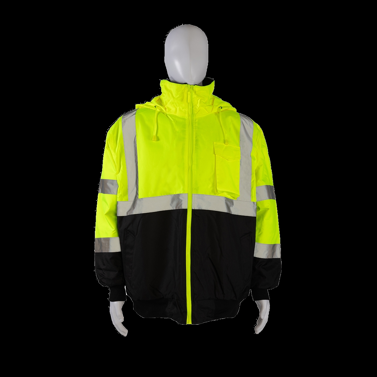 LQBBJ-C3-6X Waterproof Bomber Jacket - Ansi Class 3, Quilted Liner, Rollaway Hood - 2 Slash Pocket - 1 Cell Pocket - Lime & Black - 6X