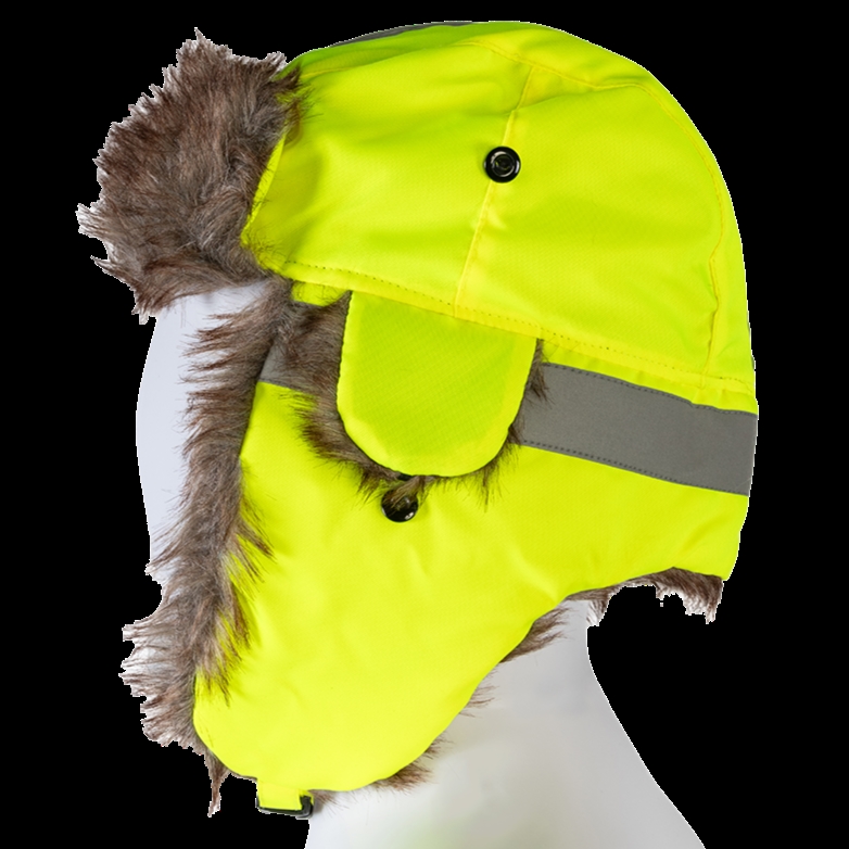 TTH-LHV Thermal Winter Trapper Hat -High Visibility Lime, with Reflective Piping, Wind & Water Resistant - Black - One Size