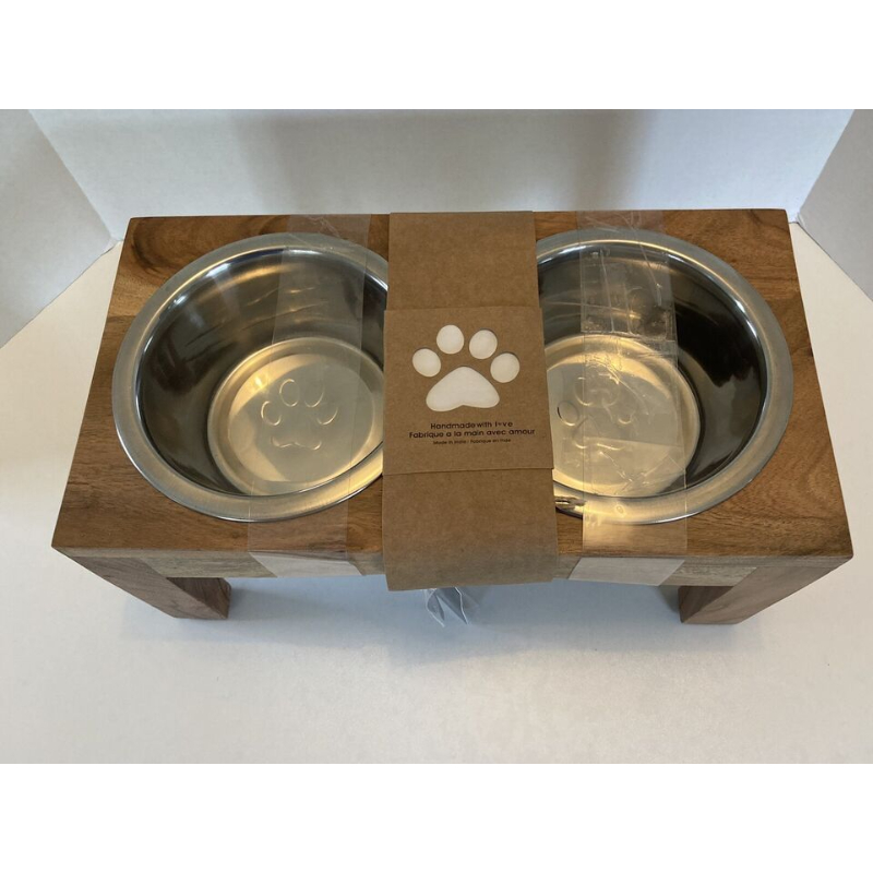 Picture of Peters Place ECDF Elevated Cat Dog Food Feeding Stand Station&#44; Stainless Double Raised Wooden Bowl