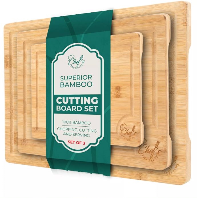 Picture of CHEF&apos;S FAVORITE ch67255 Bamboo Cutting Board Set - 3-Piece Pre-Oiled&#44; Double-Sided&#44; Ergonomic Handles