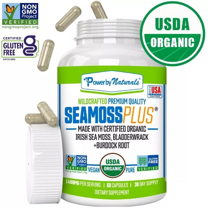 Picture of Power By Naturals PO67336 Certified Organic Sea Moss Bladderwrack Burdock Root Capsules | 60 SeaMoss Pills