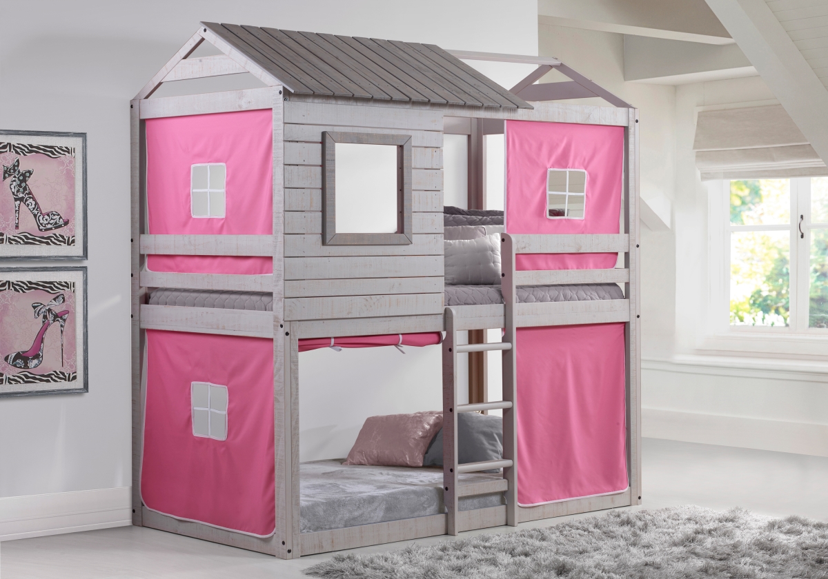 Picture of Donco kids PD-1370TTLG-P Deer Blind Twin Over Twin Bunk Loft with Pink Tent - Light Gray