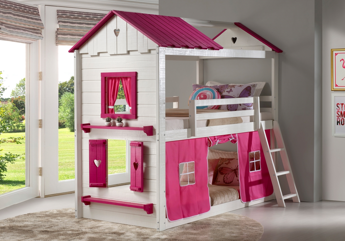 Picture of Donco Kids PD-1570TTWP-1575TP Twin Over Sweetheart Bunk Bed&#44; White & Pink with Pink Tent