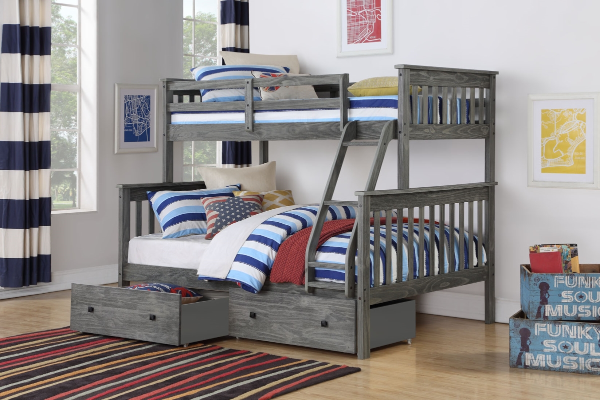 122-3-TFBG_505-BG Twin/Full Mission Bunk Bed With Dual Under Bed Drawers in Brushed Grey -  Donco, 1223TFBG505BG