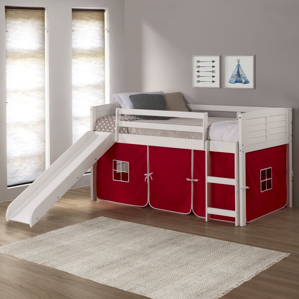 PD-790ATW-R-785W Twin Size Louver Low Loft with Slide & Red Tent in White -  Donco, PD_790ATW_R_785W