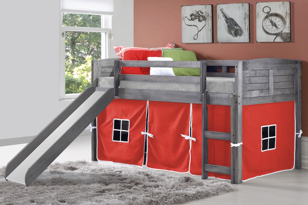 PD-790AAG-R-785AG Twin Size Louver Low Loft with Slide & Red Tent in Antique Grey -  Donco, PD_790AAG_R_785AG