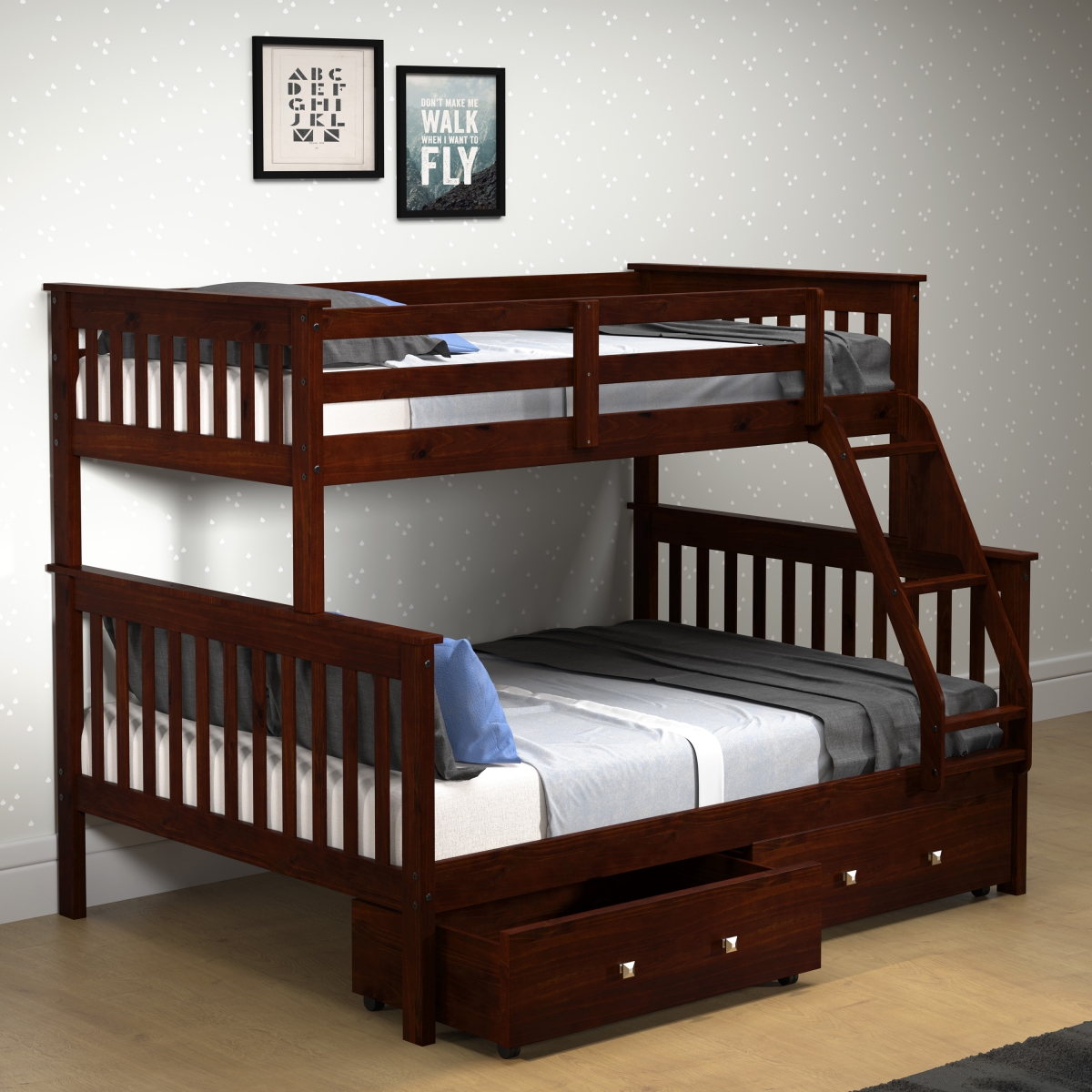 Picture of Donco Kids PD-122-3CP-505 Twin Over Full Size Mission Bunk Bed with Storage Drawers - Cappuccino
