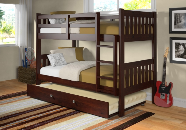 PD-1010-3CP-TT-503 Twin Size Mission Bunkbed & Slat-Kits Mattress Ready with Twin Trundle Bed - Dark Cappuccino -  Pivot Direct, PD_1010_3CP_TT_503