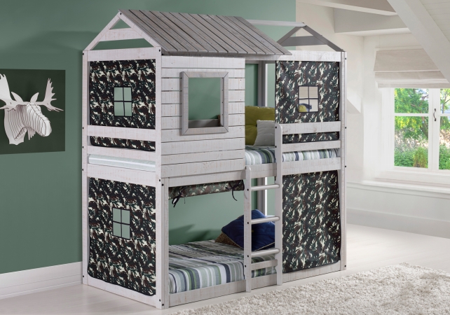 Picture of Donco Kids PD-1370TTLG-GC Deer Blind Twin Over Twin Size Bunk Loft Bed with Green Camo Tent&#44; Light Grey